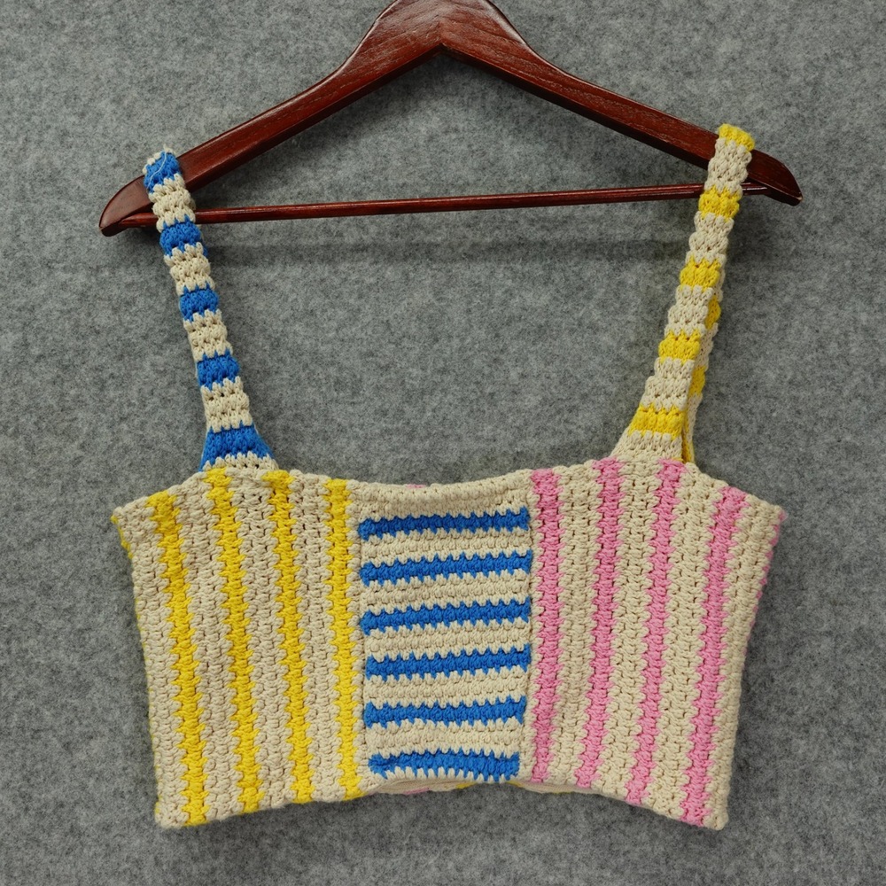 Y2K Crochet Knit Crop Top ZARA Womens MEDIUM Indie Festival Multi Pastel Striped